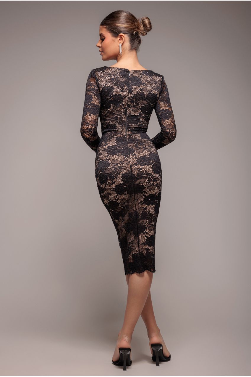 Goddiva Scalloped Lace Corset Bodice Midi Dress - Black