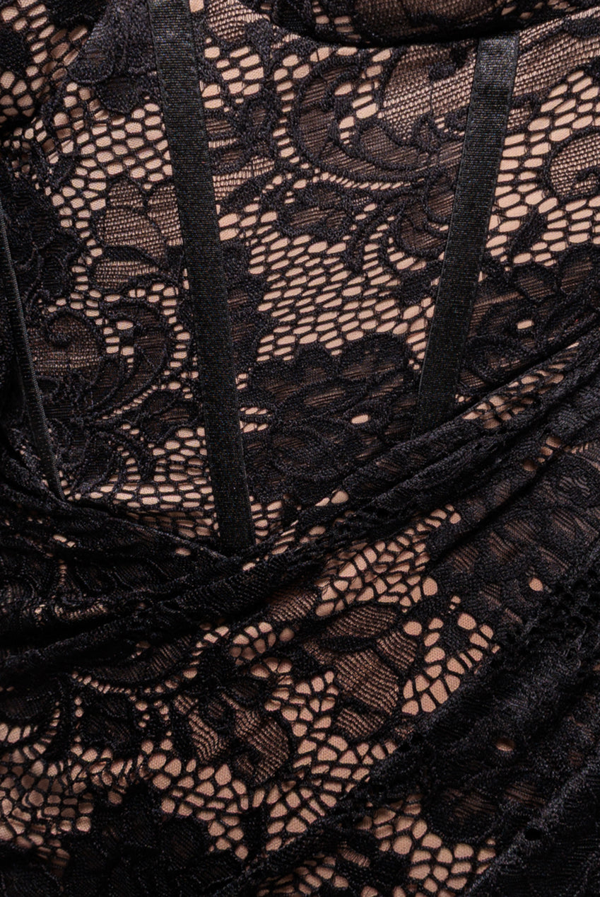 Goddiva Scalloped Lace Corset Bodice Midi Dress - Black