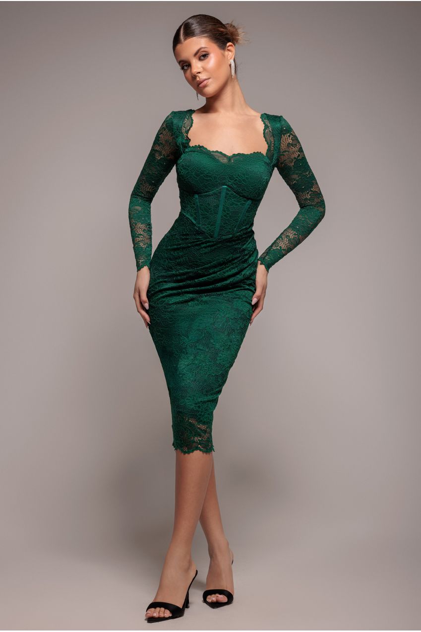Goddiva Scalloped Lace Corset Bodice Midi Dress - Emerald Green