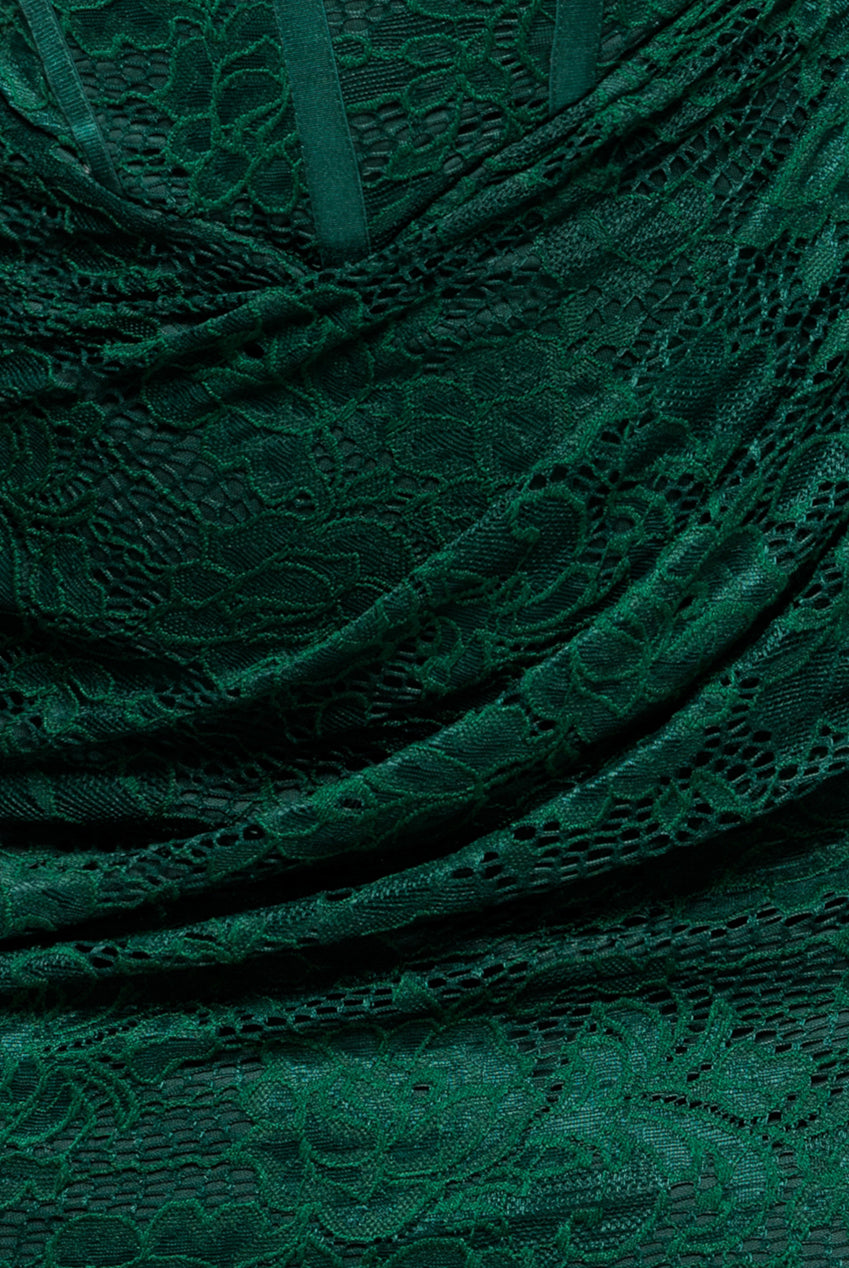 Goddiva Scalloped Lace Corset Bodice Midi Dress - Emerald Green