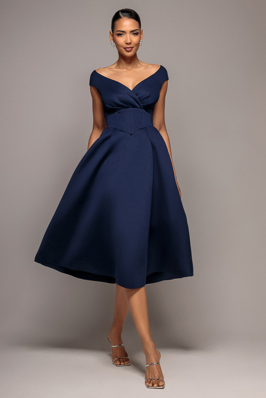 Goddiva Corset Fit & Flare Midi Dress - Navy