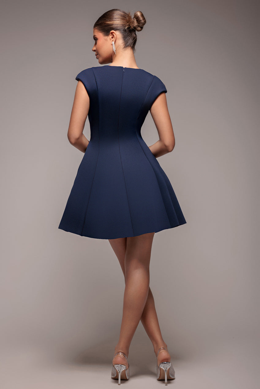 Goddiva Cap Sleeve Plunging V-Neckline Skater Mini Dress - Navy Blue