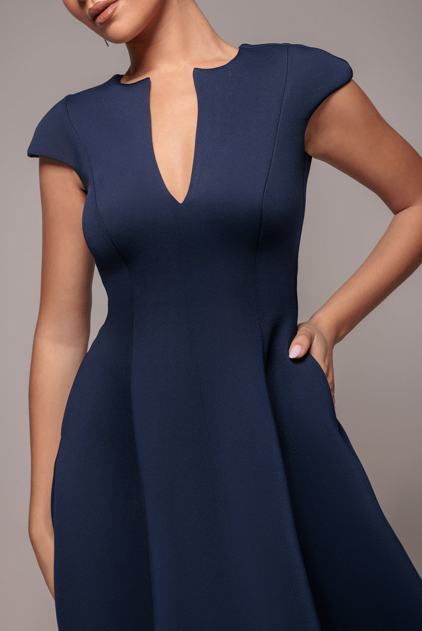 Goddiva Cap Sleeve Plunging V-Neckline Skater Mini Dress - Navy Blue