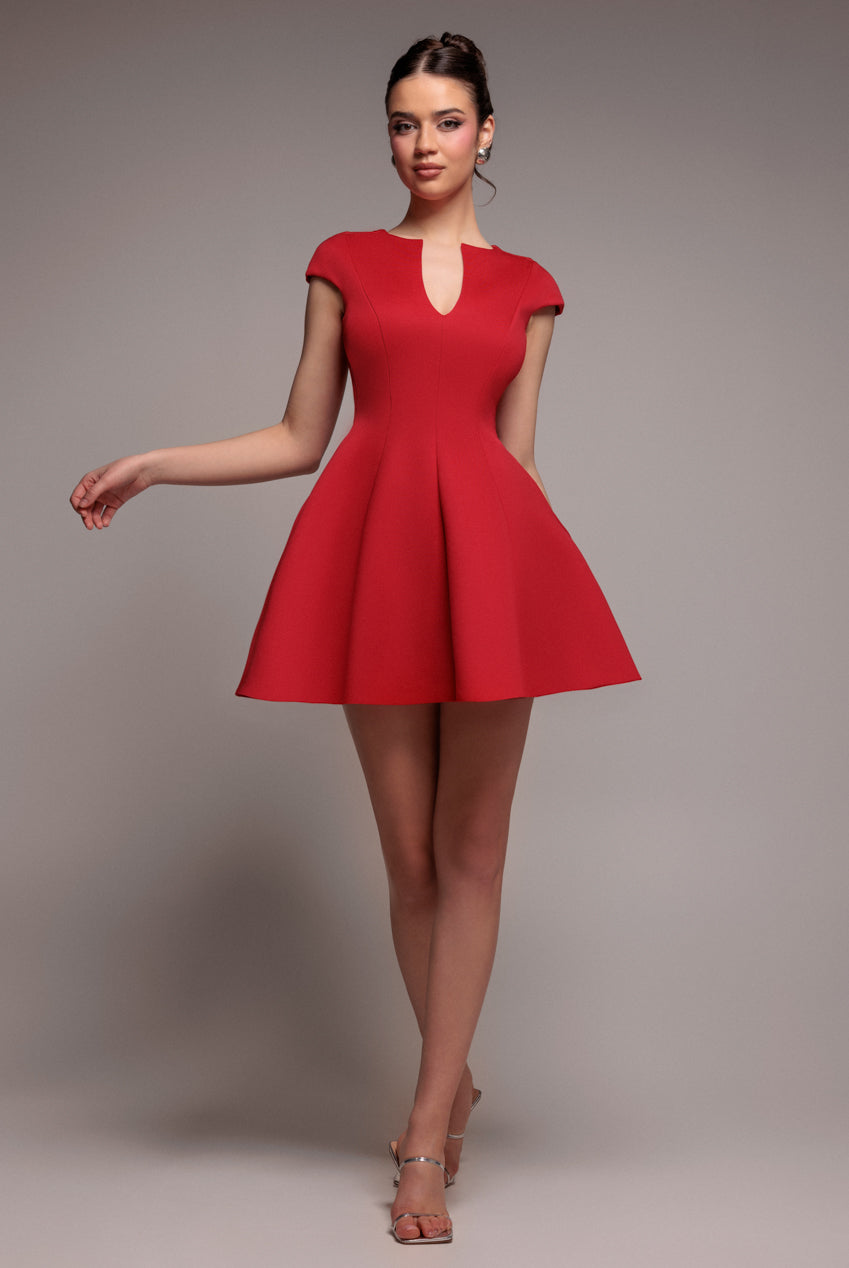 Goddiva Cap Sleeve Plunging V-Neckline Skater Mini Dress - Red