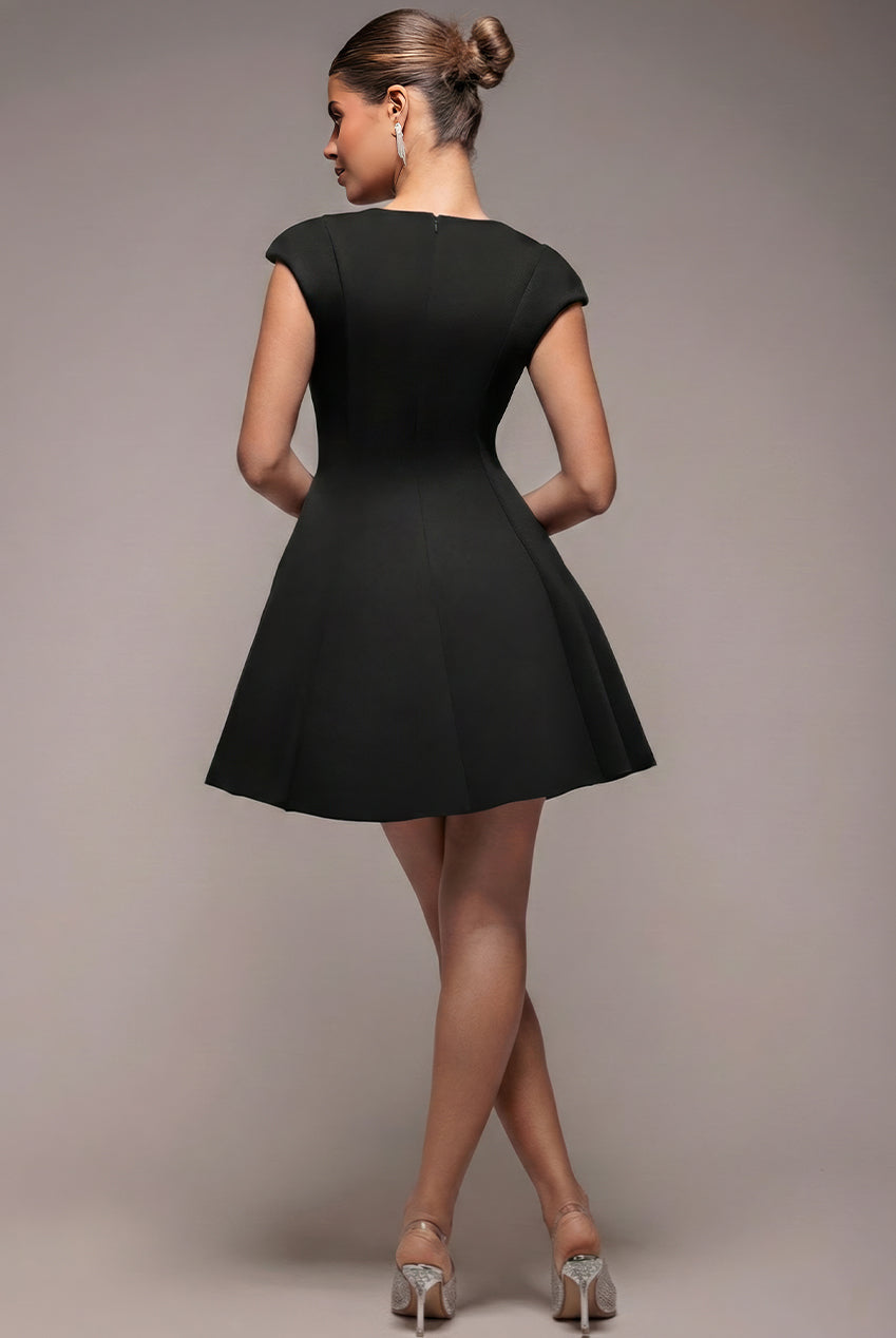 Goddiva Cap Sleeve Plunging V-Neckline Skater Mini Dress - Black