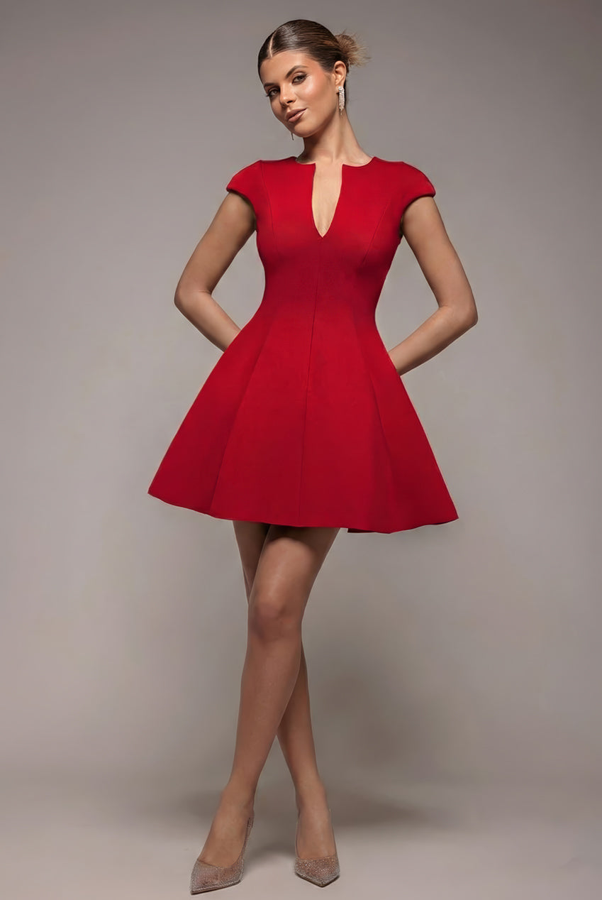 Goddiva Cap Sleeve Plunging V-Neckline Skater Mini Dress - Red