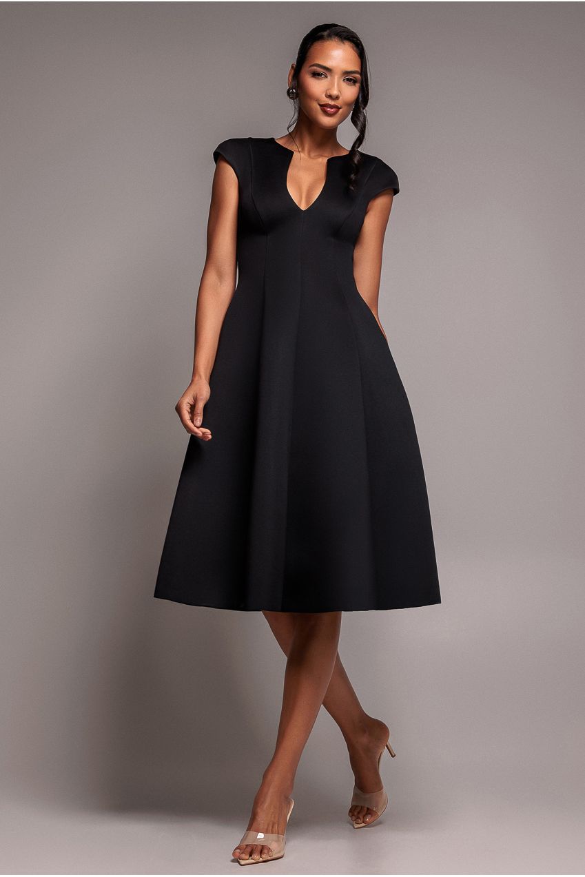 Cap Sleeve Plunging V-Neckline A-line Midi Dress - Black | Goddiva US Cap Sleeve Plunging V-Neckline A-line Midi Dress - Black | Goddiva US