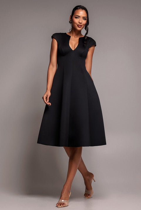 Goddiva Cap Sleeve Plunging V-Neckline A-line Midi Dress - Black