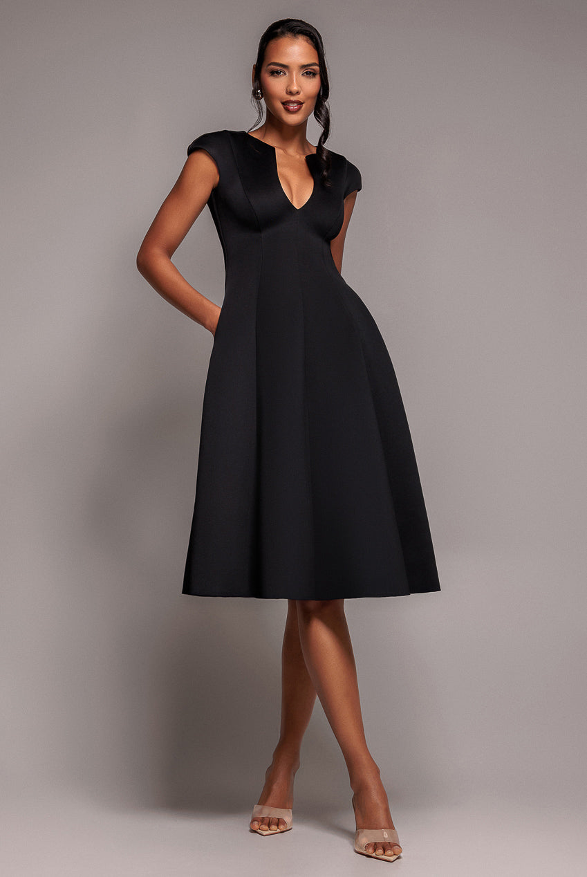 Goddiva Cap Sleeve Plunging V-Neckline A-line Midi Dress - Black