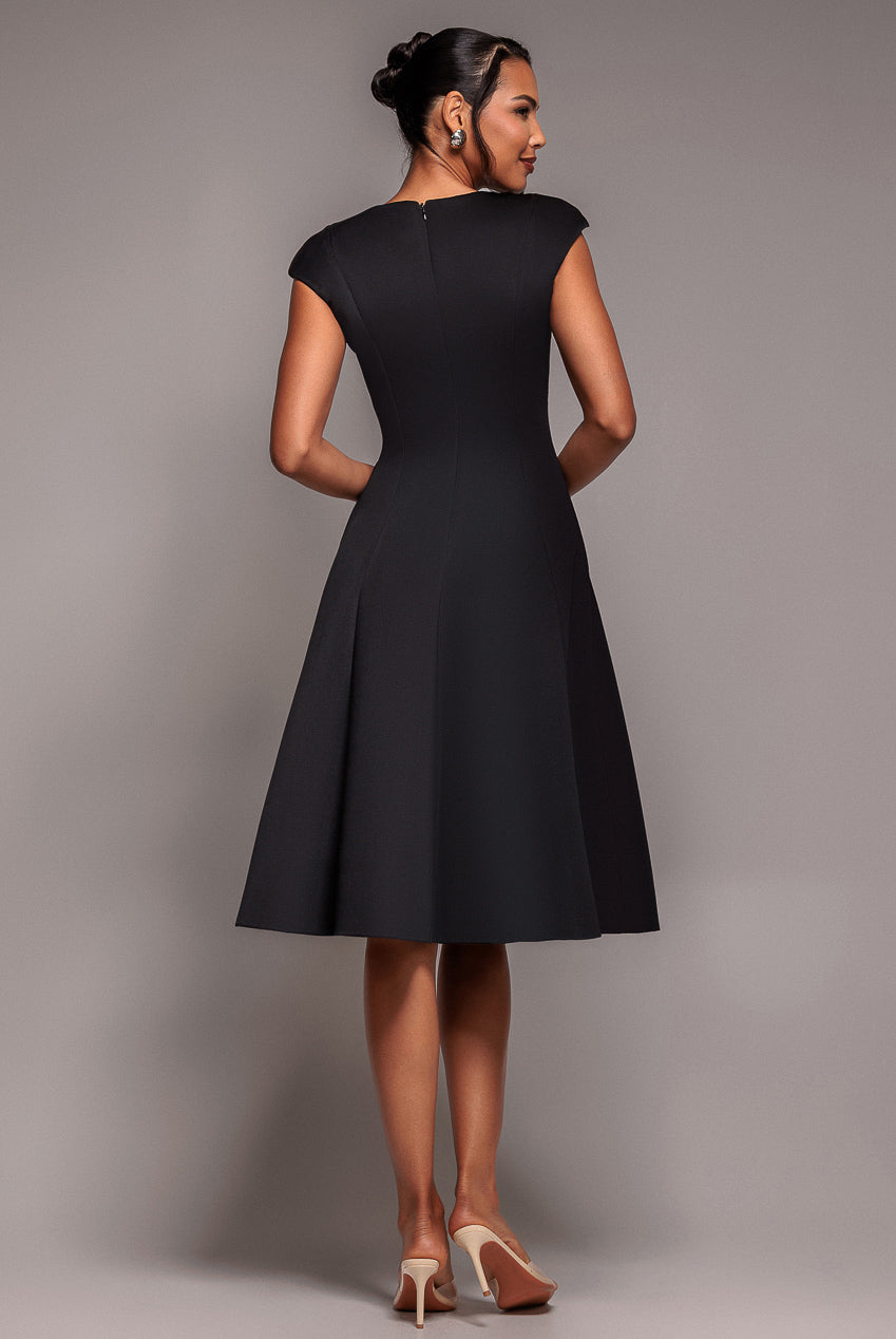 Goddiva Cap Sleeve Plunging V-Neckline A-line Midi Dress - Black