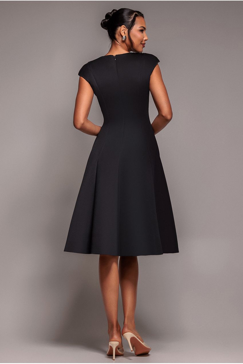 Goddiva Cap Sleeve Plunging V-Neckline A-line Midi Dress - Black
