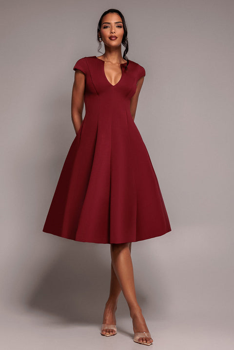 Goddiva Cap Sleeve Plunging V-Neckline A-line Midi Dress - Wine