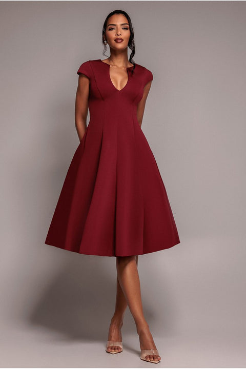 Goddiva Cap Sleeve Plunging V-Neckline A-line Midi Dress - Wine