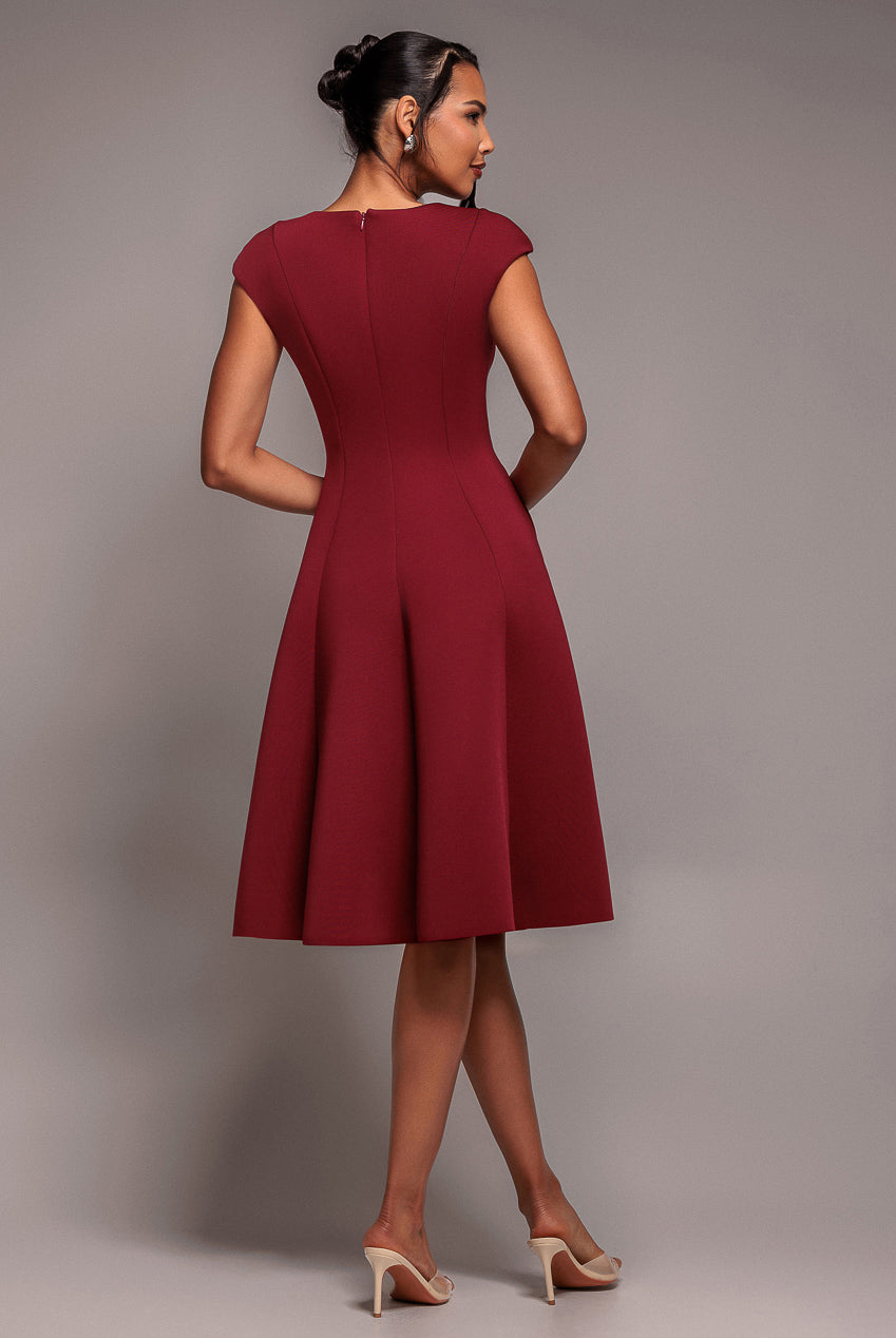 Goddiva Cap Sleeve Plunging V-Neckline A-line Midi Dress - Wine