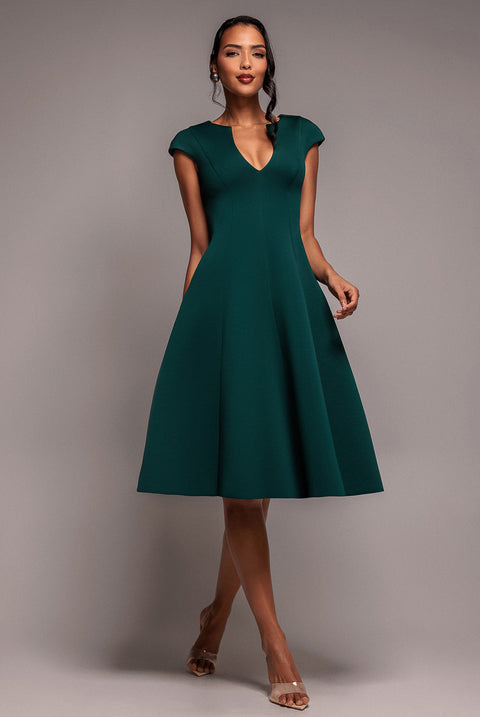 Goddiva Cap Sleeve Plunging V Neckline A Line Midi Dress - Emerald Green