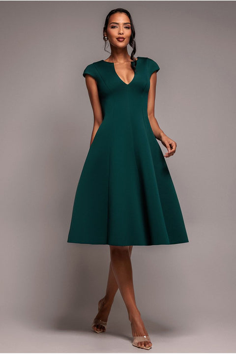Goddiva Cap Sleeve Plunging V Neckline A Line Midi Dress - Emerald Green