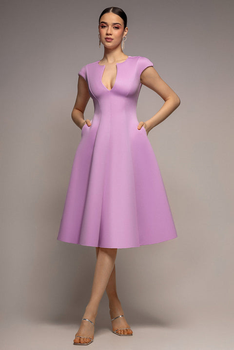 Goddiva Cap Sleeve Plunging V-Neckline A-line Midi Dress - Lilac