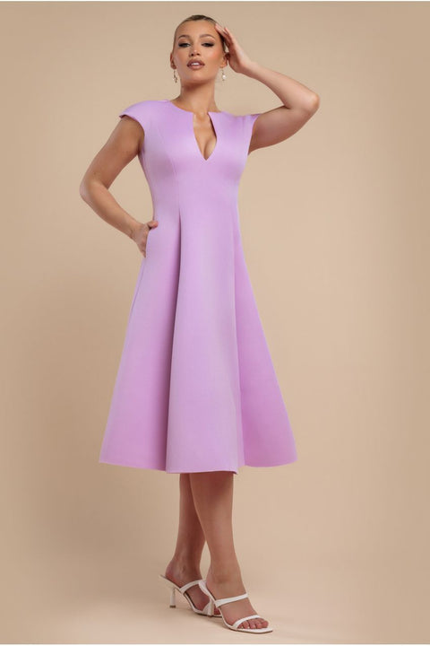 Goddiva Cap Sleeve Plunging V-Neckline A-line Midi Dress - Lilac