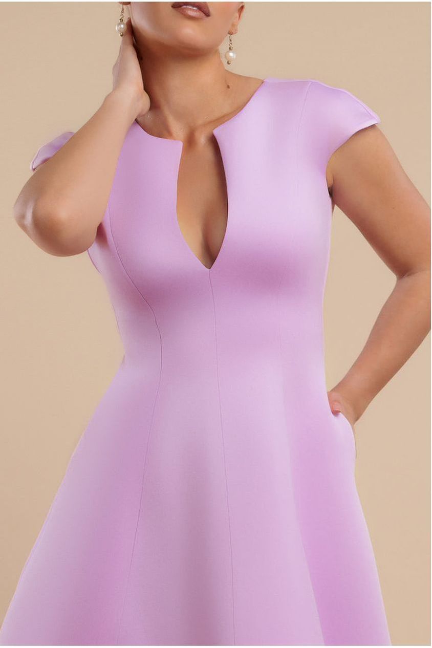 Goddiva Cap Sleeve Plunging V-Neckline A-line Midi Dress - Lilac
