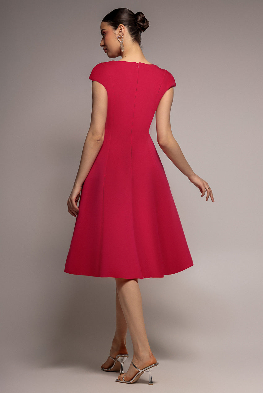 Goddiva Cap Sleeve Plunging V-Neckline A-line Midi Dress - Magenta