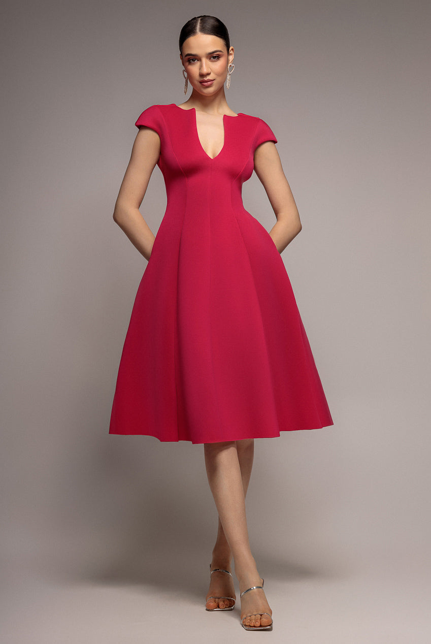 Cap Sleeve Plunging V-Neckline A-line Midi Dress - Magenta | Goddiva US Cap Sleeve Plunging V-Neckline A-line Midi Dress - Magenta | Goddiva US