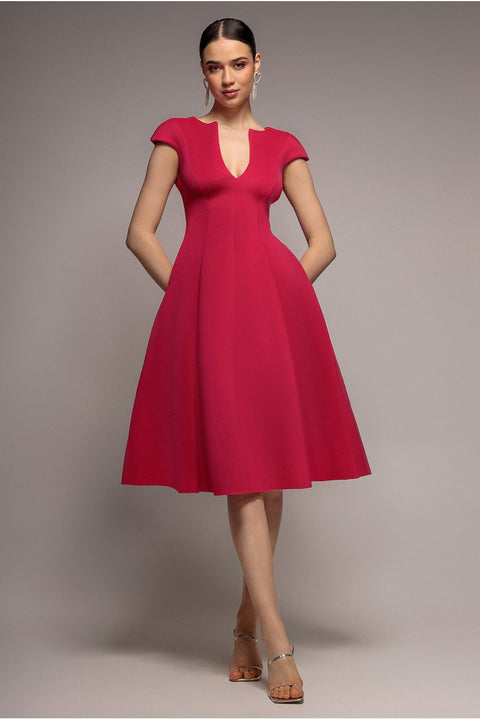 Goddiva Cap Sleeve Plunging V-Neckline A-line Midi Dress - Magenta