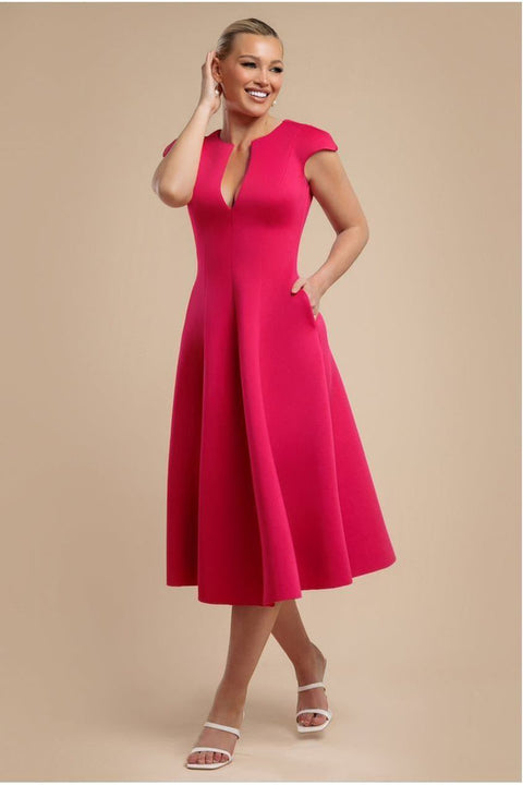 Goddiva Cap Sleeve Plunging V-Neckline A-line Midi Dress - Magenta