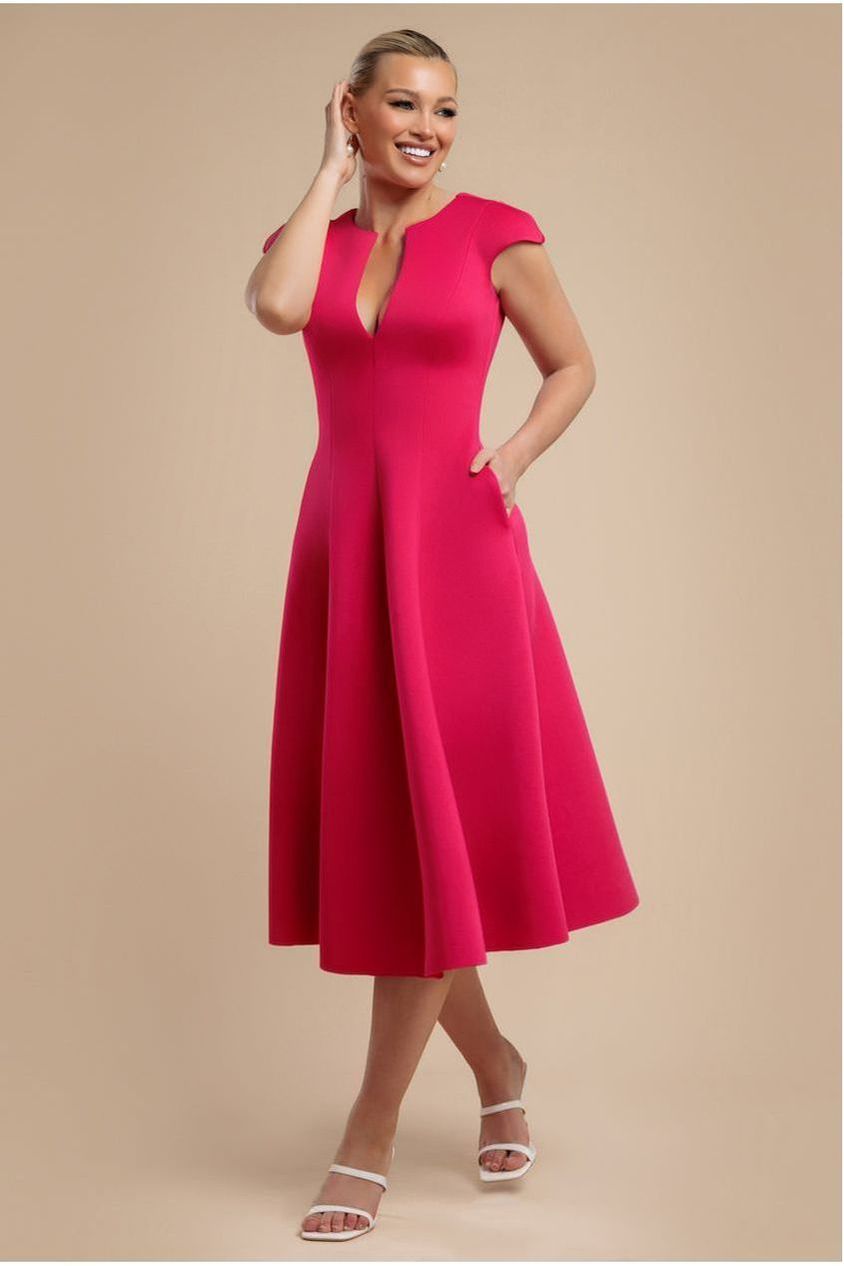 Goddiva Cap Sleeve Plunging V-Neckline A-line Midi Dress - Magenta