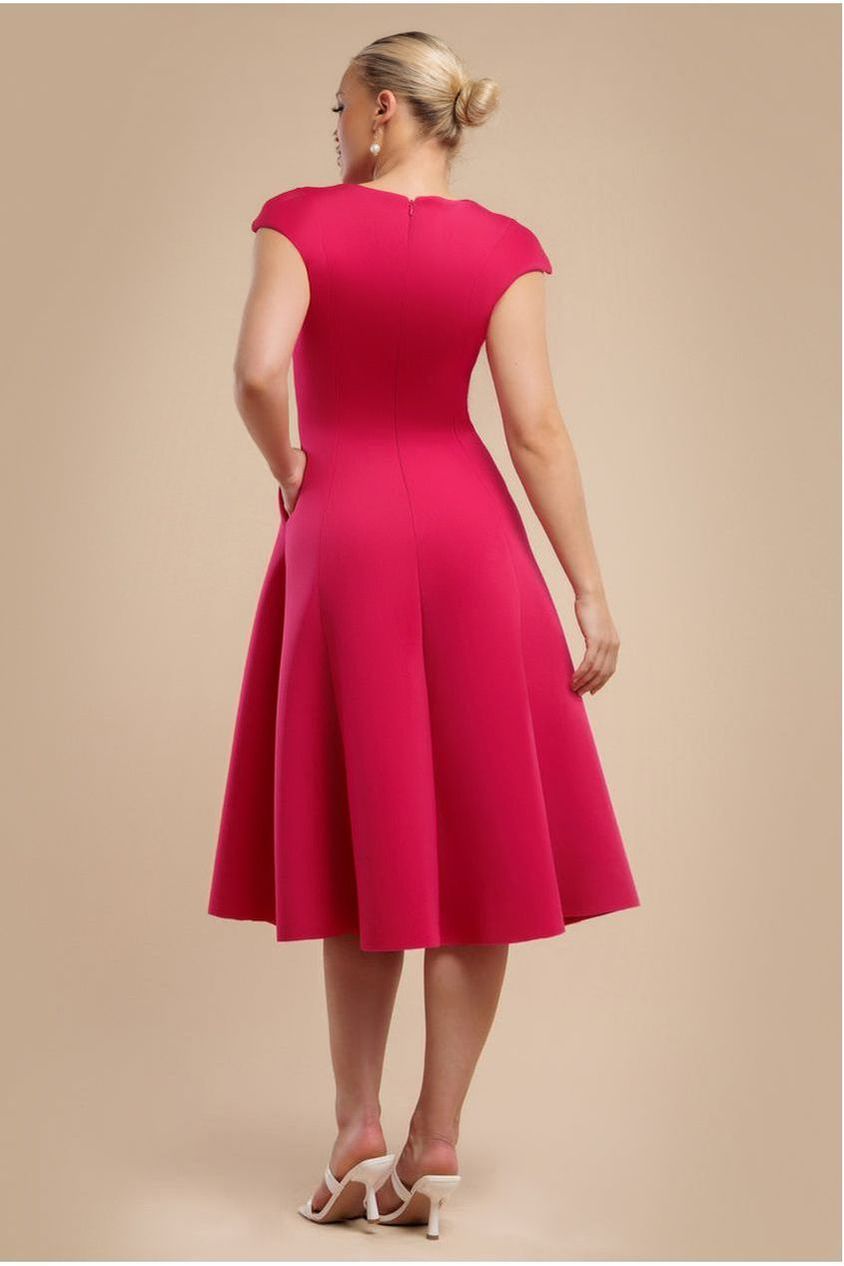 Goddiva Cap Sleeve Plunging V-Neckline A-line Midi Dress - Magenta