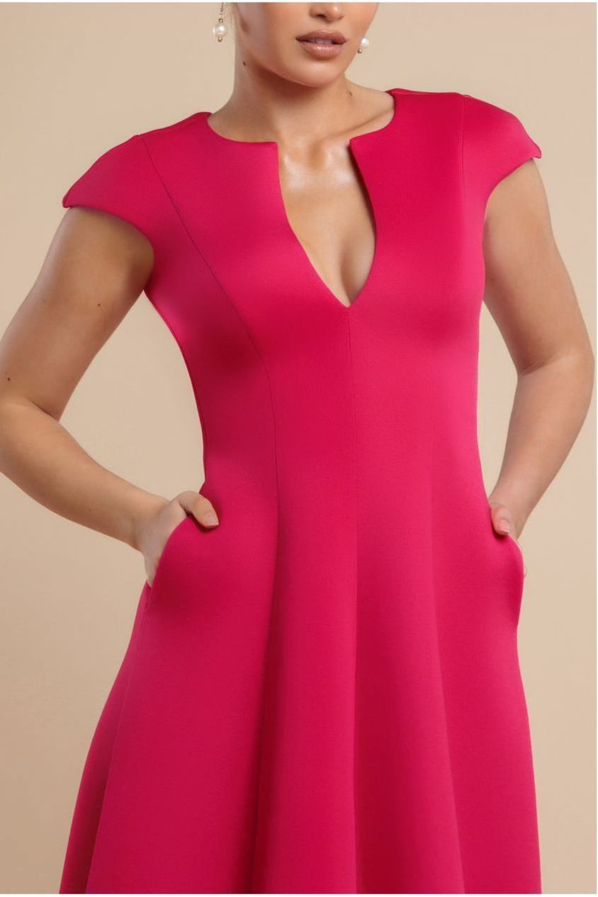 Goddiva Cap Sleeve Plunging V-Neckline A-line Midi Dress - Magenta