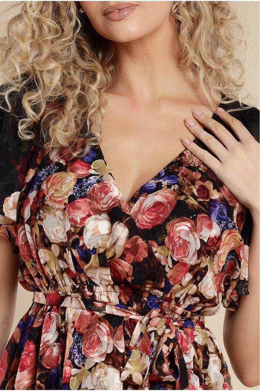 Goddiva Floral Flutter Sleeve Wrap Midi Dress - Black