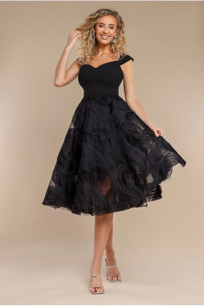 Goddiva Scuba & Textured Chiffon A Line Midi Dress - Black