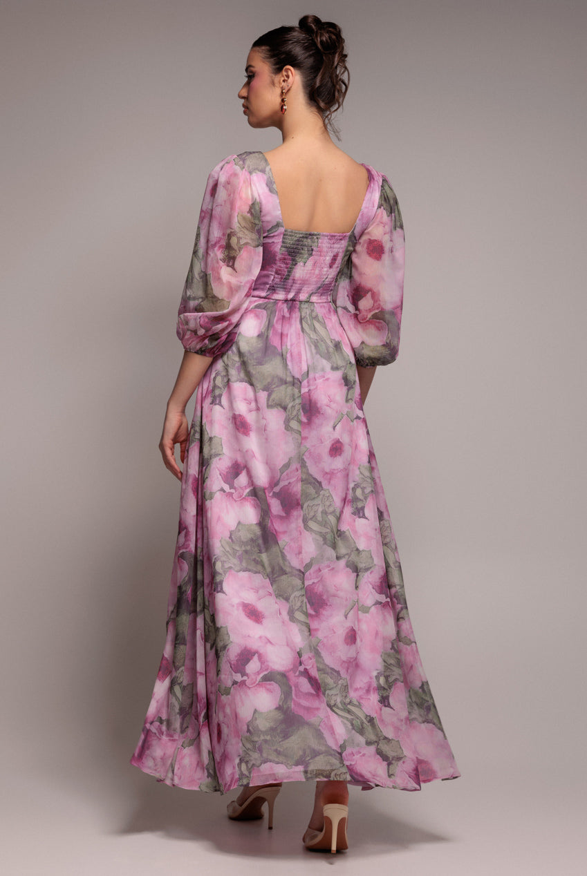Goddiva Puff Sleeve A-Line Printed Chiffon Maxi Dress With Split - Blush Pink