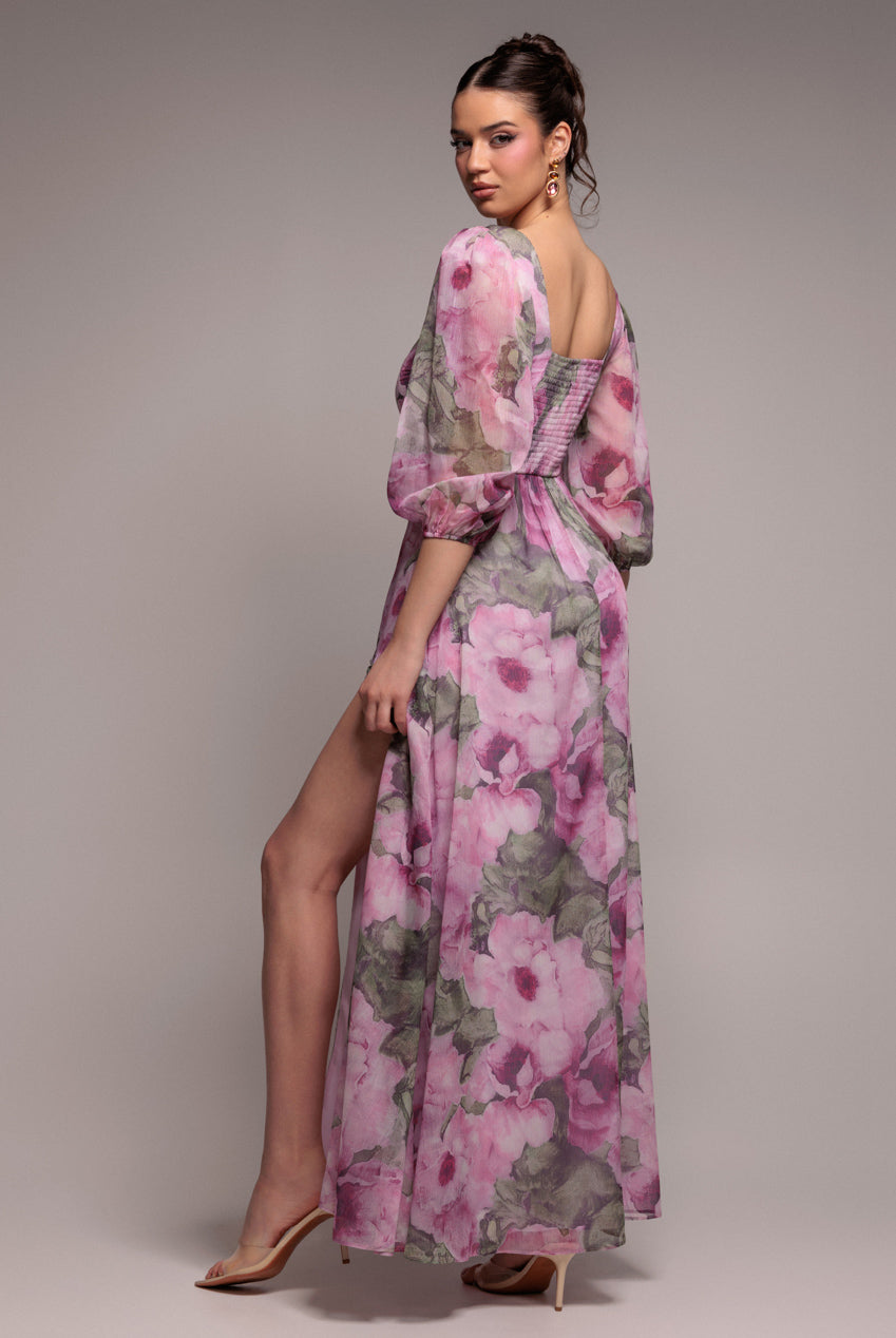 Goddiva Puff Sleeve A-Line Printed Chiffon Maxi Dress With Split - Blush Pink