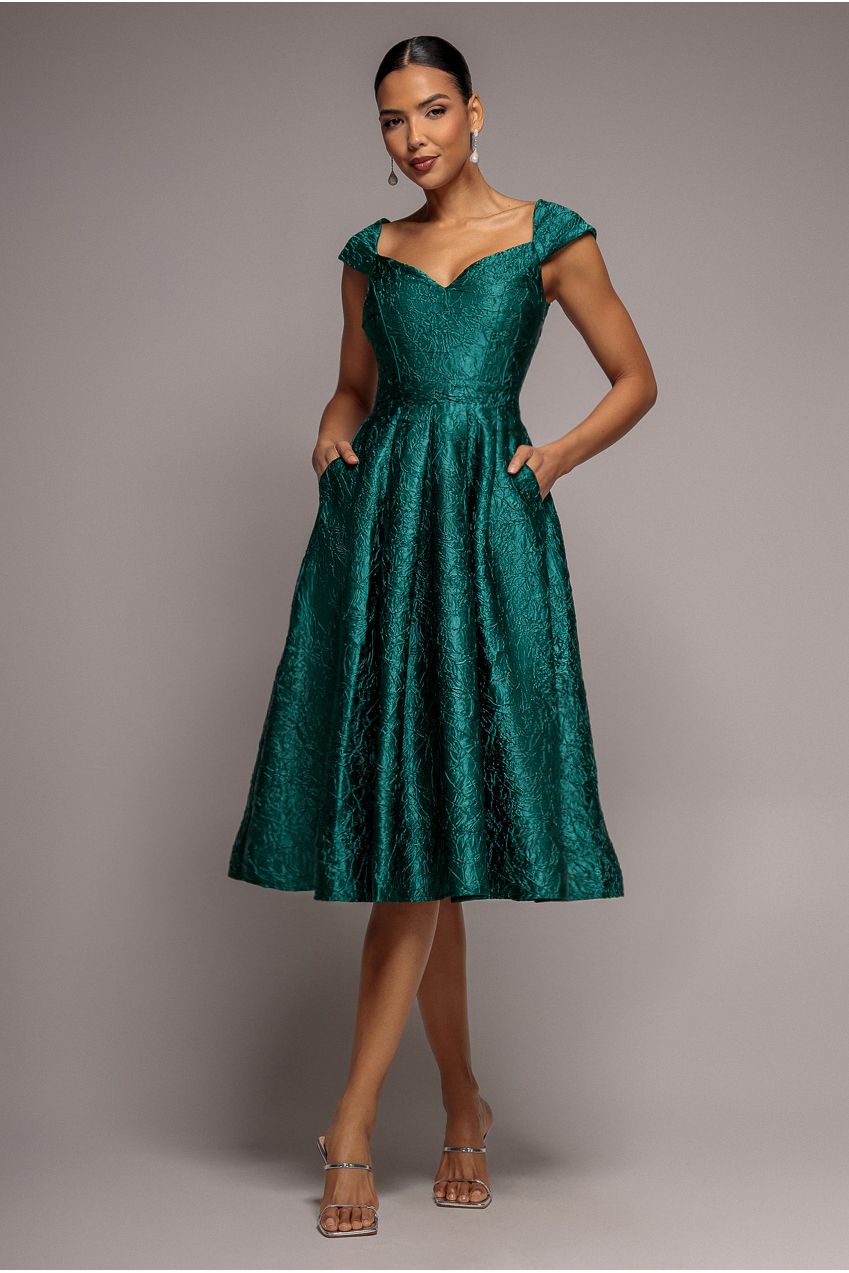 Goddiva Crushed Satin Sleeveless A Line Midi Dress - Emerald Green