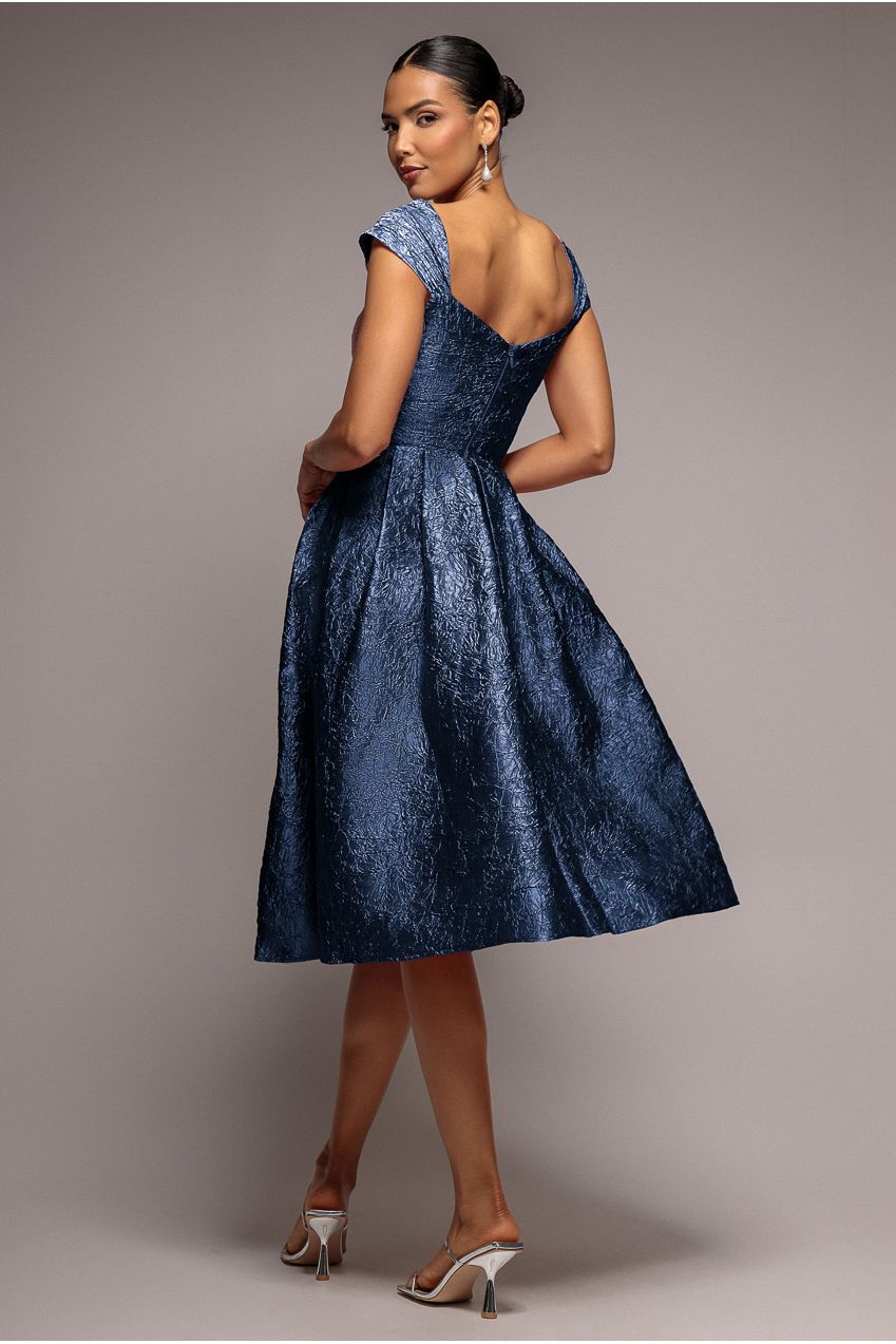 Goddiva Crushed Satin Sleeveless A Line Midi Dress - Navy Blue