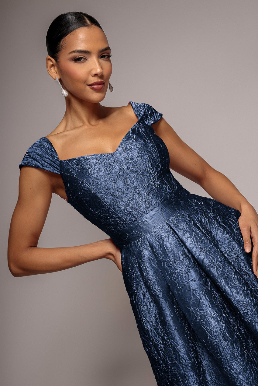 Goddiva Crushed Satin Sleeveless A Line Midi Dress - Navy Blue
