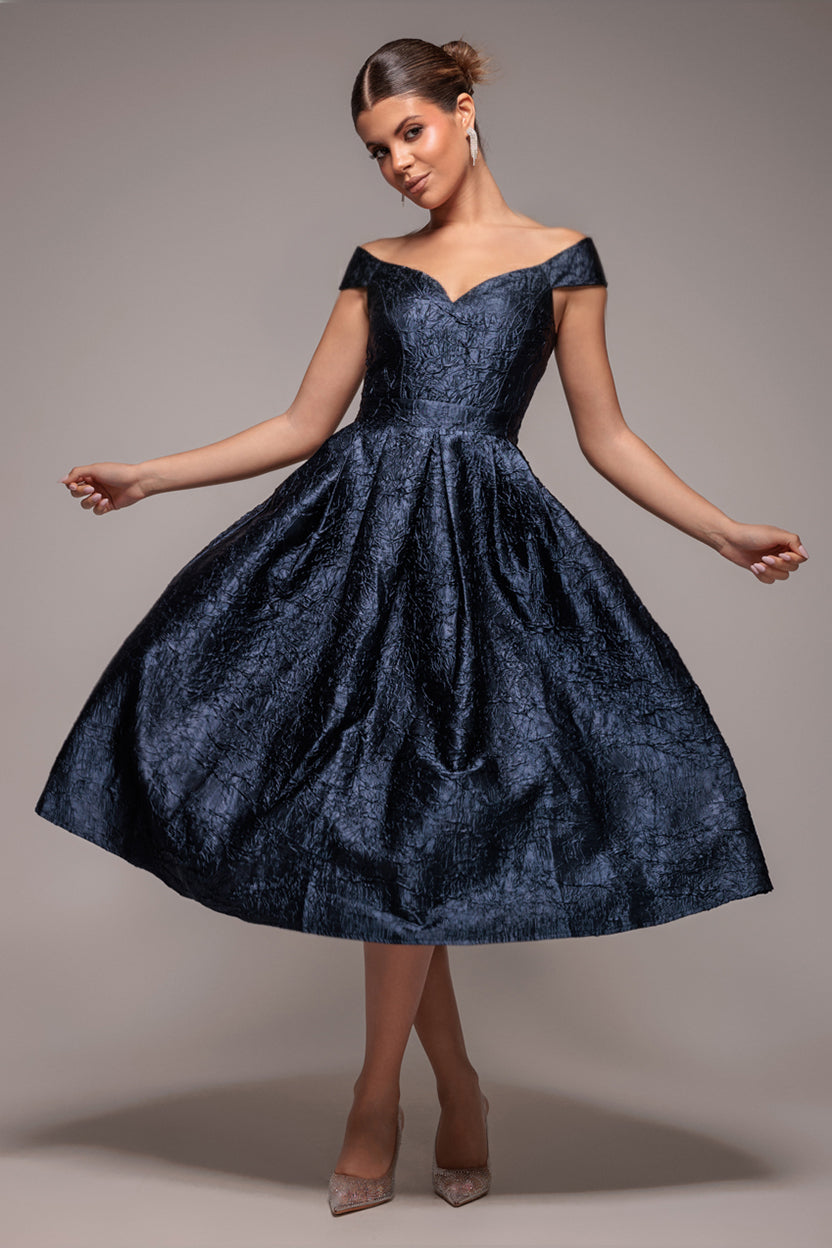 Goddiva Crushed Satin Sleeveless A Line Midi Dress - Navy Blue
