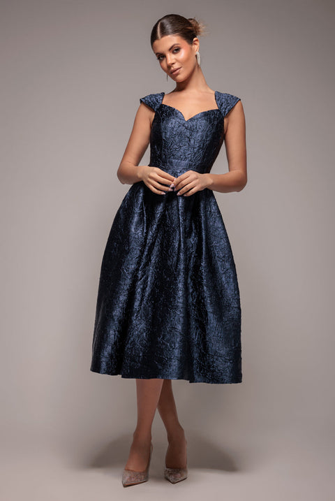 Goddiva Crushed Satin Sleeveless A Line Midi Dress - Navy Blue