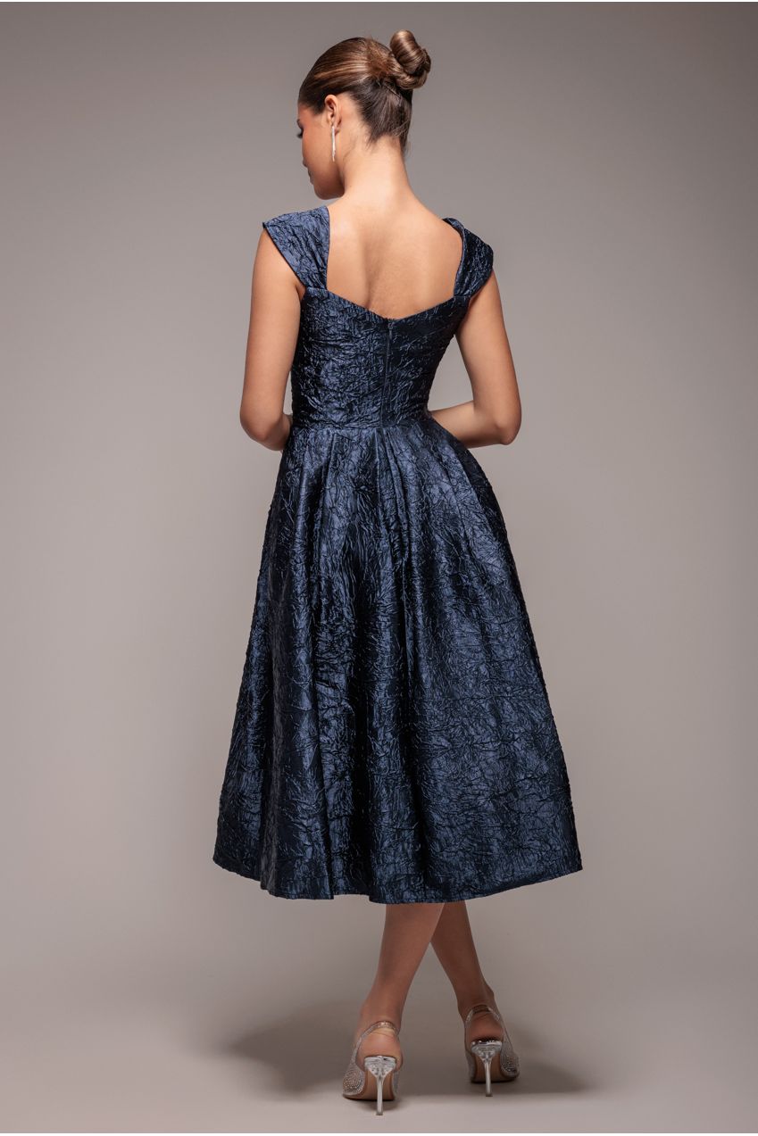 Goddiva Crushed Satin Sleeveless A Line Midi Dress - Navy Blue