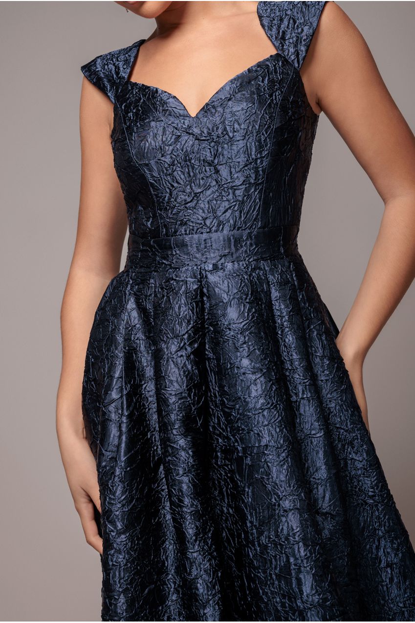 Goddiva Crushed Satin Sleeveless A Line Midi Dress - Navy Blue