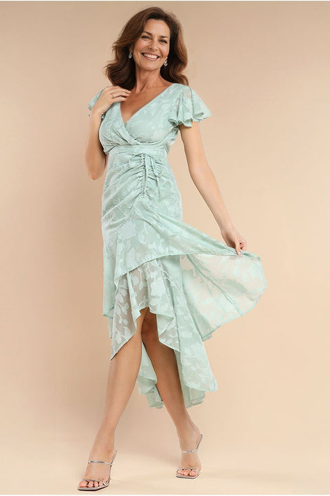 Goddiva Jacquard Chiffon Wrap High Low Midaxi Dress - SageGreen