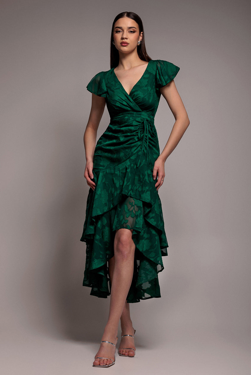 Goddiva Jacquard Chiffon Wrap High Low Midaxi Dress - Emerald Green