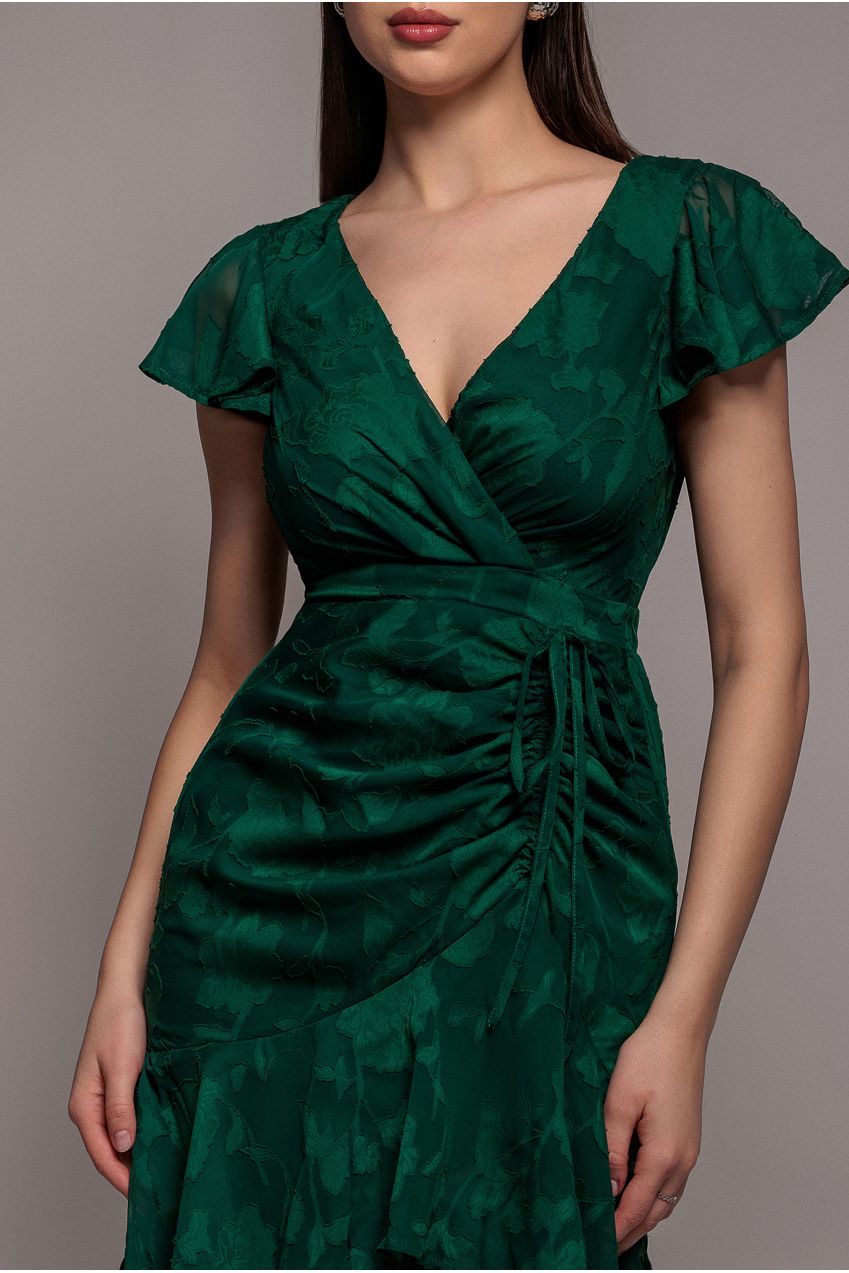 Goddiva Jacquard Chiffon Wrap High Low Midaxi Dress - Emerald Green