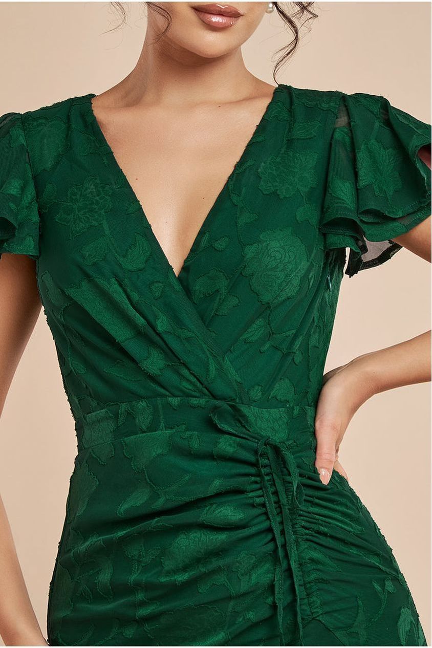 Goddiva Jacquard Chiffon Wrap High Low Midaxi Dress - Emerald Green