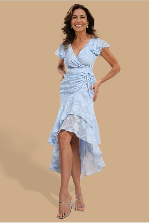 Goddiva Jacquard Chiffon Wrap High Low Midaxi Dress - Blue