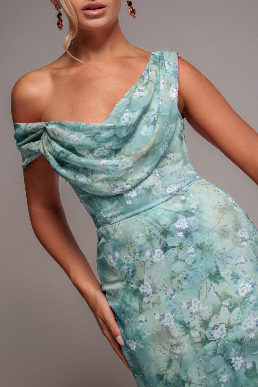 Goddiva One Shoulder Cowl Neck Chiffon Floral Maxi Dress - Blue