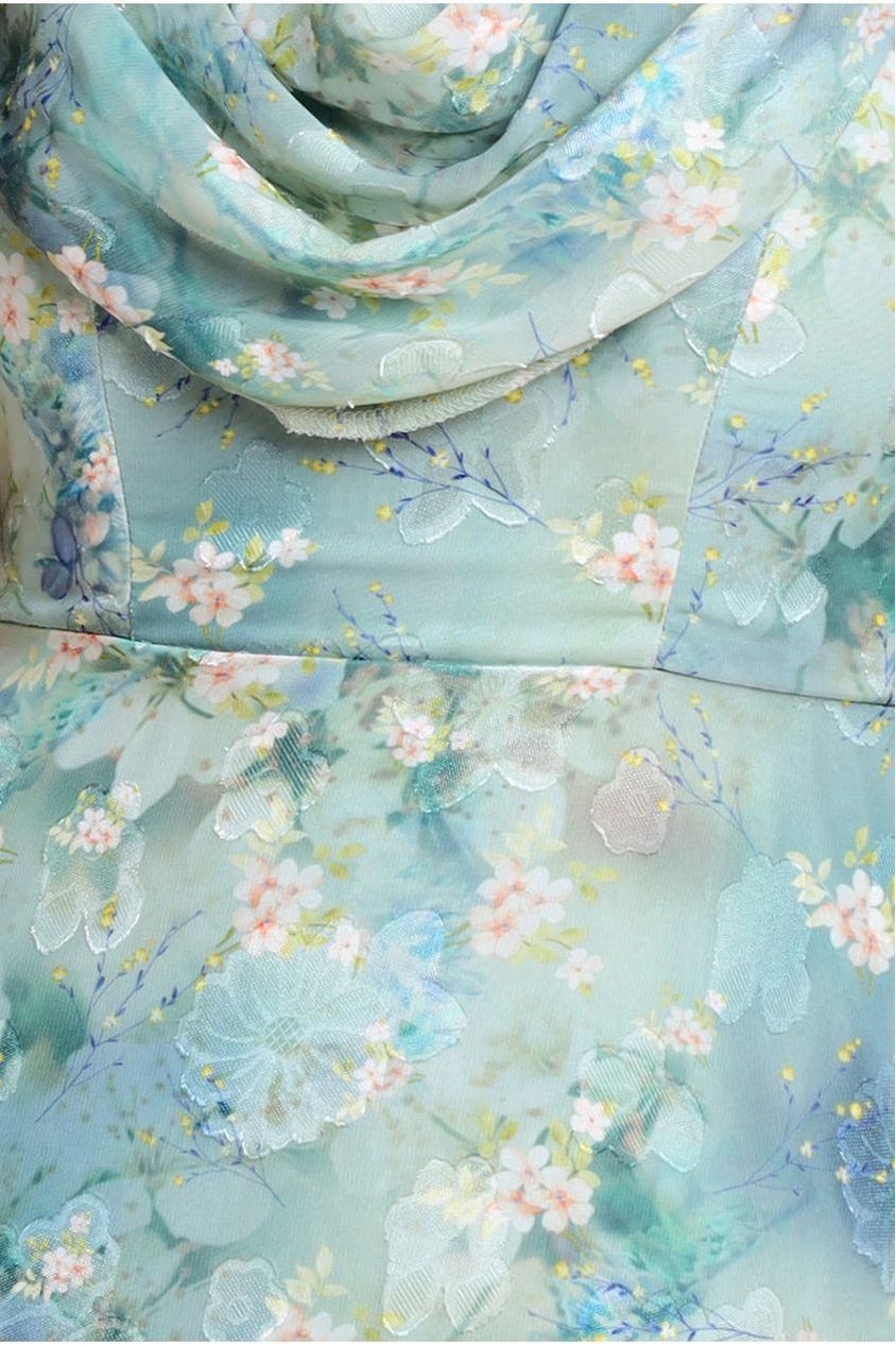 Goddiva One Shoulder Cowl Neck Chiffon Floral Maxi Dress - Blue