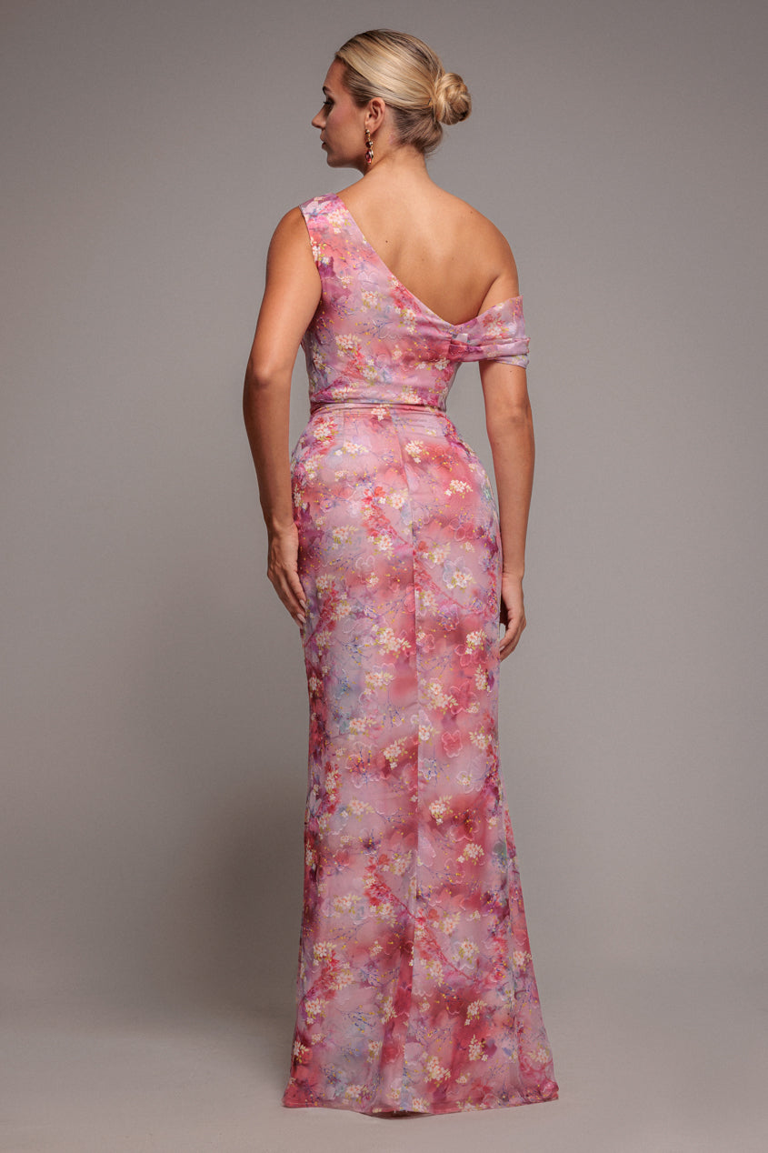 Goddiva One Shoulder Cowl Neck Chiffon Floral Maxi Dress - Pink