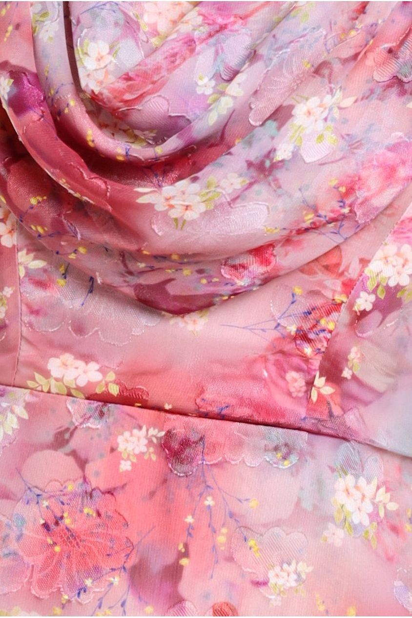 Goddiva One Shoulder Cowl Neck Chiffon Floral Maxi Dress - Pink